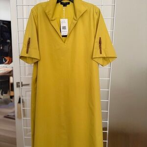 NWT Lafayette 148 bright citrine cotton trapeze dress with short cuffed sleeves